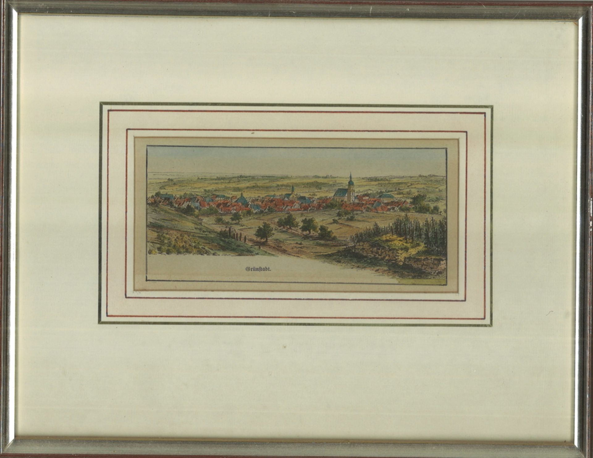 Holzschnitt um 1890 "Grünstadt" von Karl Dietrich, hinter Glas gerahmt. Gesamtmaße: Höhe ca. 19,5