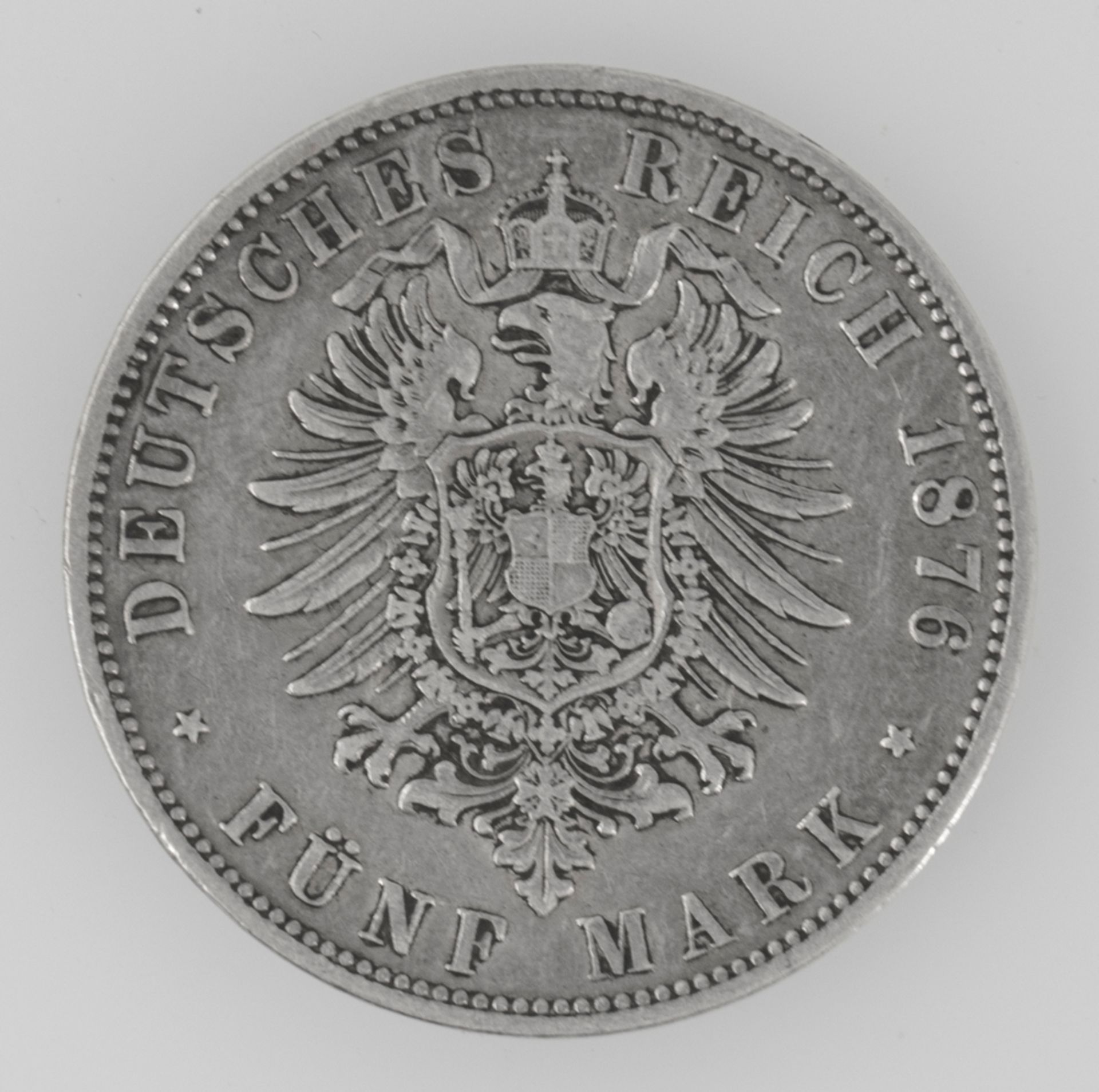 Deutsches Kaiserreich Baden 1876 F, 5 Mark - Silbermünze "Karl - Koenig von Baden". Jäger 173. - Bild 2 aus 2