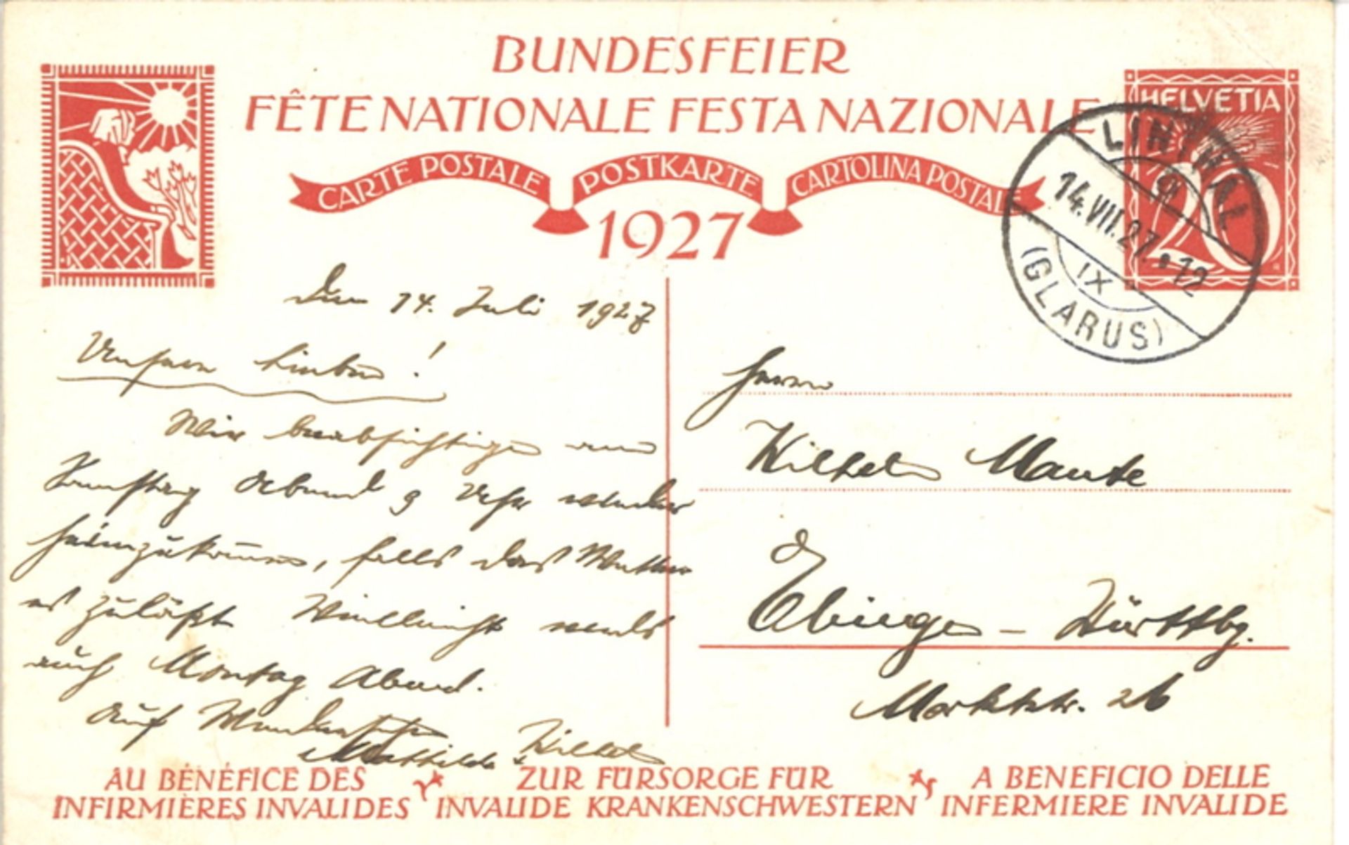 Künstlerkarte "Bundesfeier 1927 - Féte Nationale Festa Nazionale" gelaufen 1927 - Bild 2 aus 2