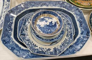 A group of Chinese blue and white porcelain, Qing Dynasty, to include an octagonal shaped bowl, 36cm