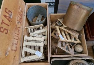 Two vintage wooden storage boxes, one marked 'Stag Clock Golf' on underside of lid, both