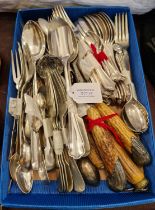 A collection of silver plated flatware/ cutlery together with horn-handled servers.