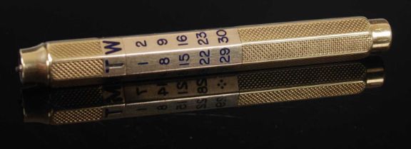 Sampson Mordan & Co., a 9ct gold and enamel perpetual calendar propelling pencil, stamped marks,