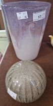 A Vasart glass vase of tapered cylindrical form, mottled purple and opaque pink with typical whorl