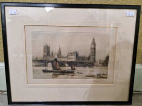 Henry G. Walker Big Ben, The Houses of Parliament and Westminster Bridge, London coloured etching,