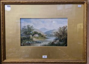 19th century British School Argyll-shire landscape with river, bridge and figures on path together