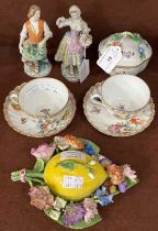 A group of Continental porcelain to include a Meissen lemon and leaf shaped porcelain dish and cover