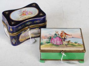 A gilt metal mounted cobalt blue pottery sewing casket, decorated with transfer printed panels of