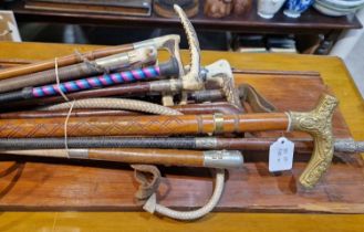 A collection of assorted riding crops together with brass handled walking cane.