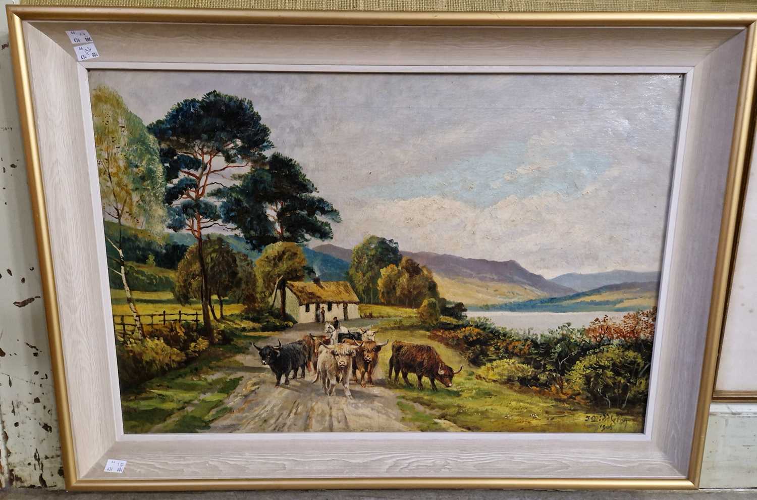 A group of pictures to include J. Middleton, 'Highland landscape with thatched cottage, figures