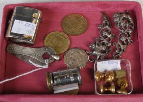A collection of various items to include a white metal travelling inkwell; a white metal coin box