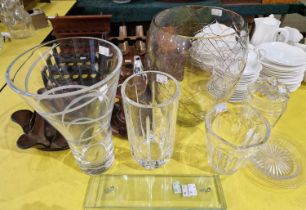 A group of assorted glassware comprising four glass vases, two ice plates, jar and cover, and