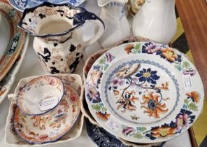 A group of antique ceramics to include an Ironstone Stoke Works Japan pattern soup plate, a pair