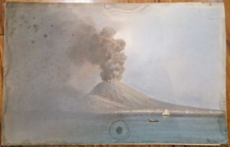 Late 19th / early 20th century Italian School Mount Vesuvius erupting watercolour, indistinctly