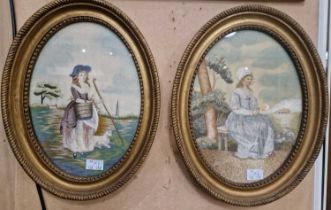 A pair of 19th century silk-work pictures, both oval, one depicting shepherdess with crook and lamb,