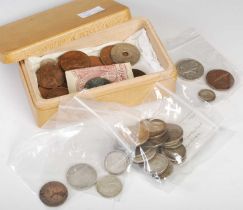 A box of assorted coins to include copper mining token, Moresby, Cumberland circa 1720's, British