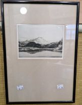 Mathieson Muir Ben Lomond and Loch Ard etching, signed in pencil 13cm x 18cm, framed and glazed 41cm