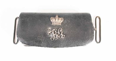 A 19th century Military dispatch pouch, with white metal mounts, containing lead shot, 15.5cm wide.