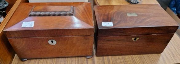 A 19th century mahogany two-division tea caddy, lacking internal covers, together with a 19th