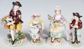 Two pairs of Sitzendorf Porcelain figure groups, the larger pair modelled with male holding a basket