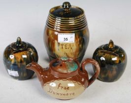 A group of Scottish pottery to include a green, blue and brown glazed 'tea' barrel and cover, 16cm