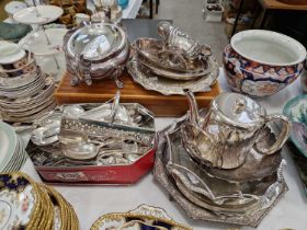 A large group of EP ware to include flatware, salvers, shaped trays, teapots, sauce boat, etc,