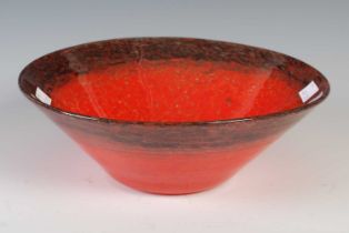 A Monart glass bowl, mottled red and black with gold-coloured inclusions, of tapered circular