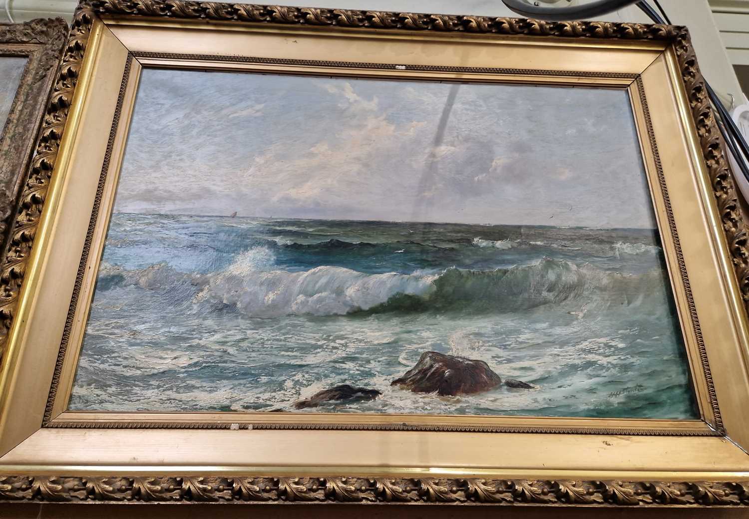 H. H. Stanton (late 19th/ early 20th century) Seascape with crashing waves and distant boats Oil
