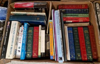 Two boxes of assorted books on various subjects to include five volumes of 'The Second World War' by