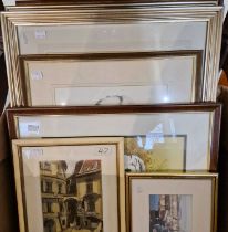 Box - decorative pictures and prints to include a print titled 'Early Morning, Crail' by Douglas