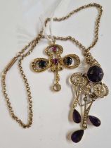 An early 20th century yellow metal, split pearl and amethyst Art Nouveau style pendant suspended