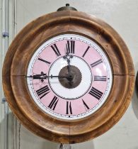 An antique mahogany postmans alarm type weight-driven wall clock, the pink and white dial with Roman