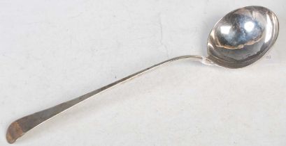 A George III silver soup ladle, Old English pattern, engraved with initials, hallmarks slightly