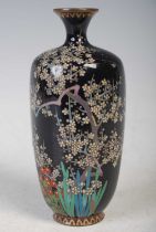 A Japanese silver wire work blue ground vase, late 19th century, decorated with prunus blossom and