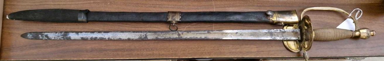 A 1796 pattern British Infantry Officer's sword and scabbard, with single edged blade, etched