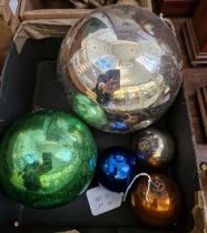 A group of five assorted antique coloured glass German Kugel Christmas baubles, the largest