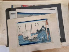 A collection of assorted Japanese woodblock prints to include Utagawa Hiroshige, Kuwana from the