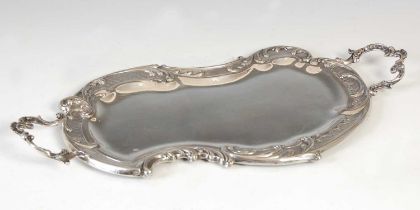 A Continental white metal Rococo style twin handled tray, 15.9 troy oz, 42cm wide.