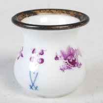 A miniature Meissen white metal mounted spittoon vase, decorated in the chinoiserie style with