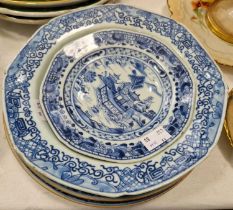 A group of Chinese blue and white porcelain, Qing Dynasty, to include a pair of plates decorated