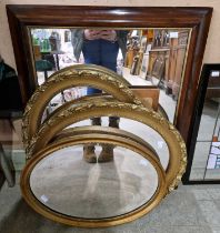 A rosewood framed rectangular wall mirror 44.5cm x 53cm; together with a pair of gilt framed oval