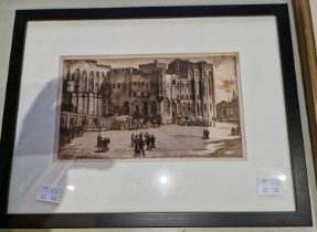 A group of pictures to include James McIntosh Patrick 'Palais des Papes, Avignon' etching, framed