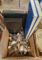 Box - assorted EP flatware to include two cased serving sets, and a cased horn-handled carving set.