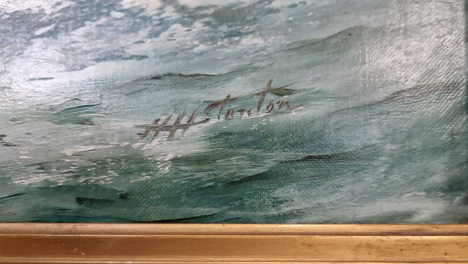 H. H. Stanton (late 19th/ early 20th century) Seascape with crashing waves and distant boats Oil - Image 2 of 2