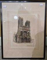 E. H. Barlow Cathedral of Notre-Dame of Reims coloured etching, signed in pencil 32cm x 25, framed