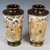 A pair of Japanese Satsuma pottery blue ground vases, late 19th century, decorated with panels of