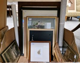 A box of decorative pictures and prints to include a fisherman's map of salmon pools on lower part