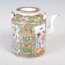 A Chinese porcelain famille rose Canton teapot and cover, Qing Dynasty, decorated with panels of