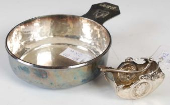 An American hammered plated porringer with side handle, Rogers Bros., together with a curved and