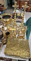A collection of 19th century and later brass ware, to include a Dutch embossed brass storage box,